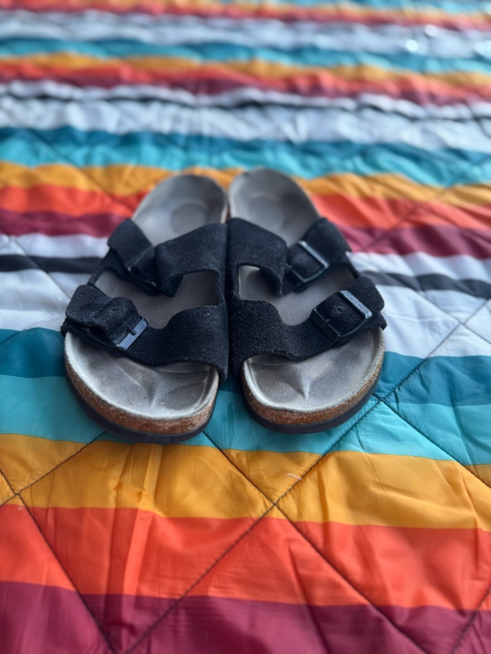 Birkenstock Black Suede Two-Strap Slide Sandals